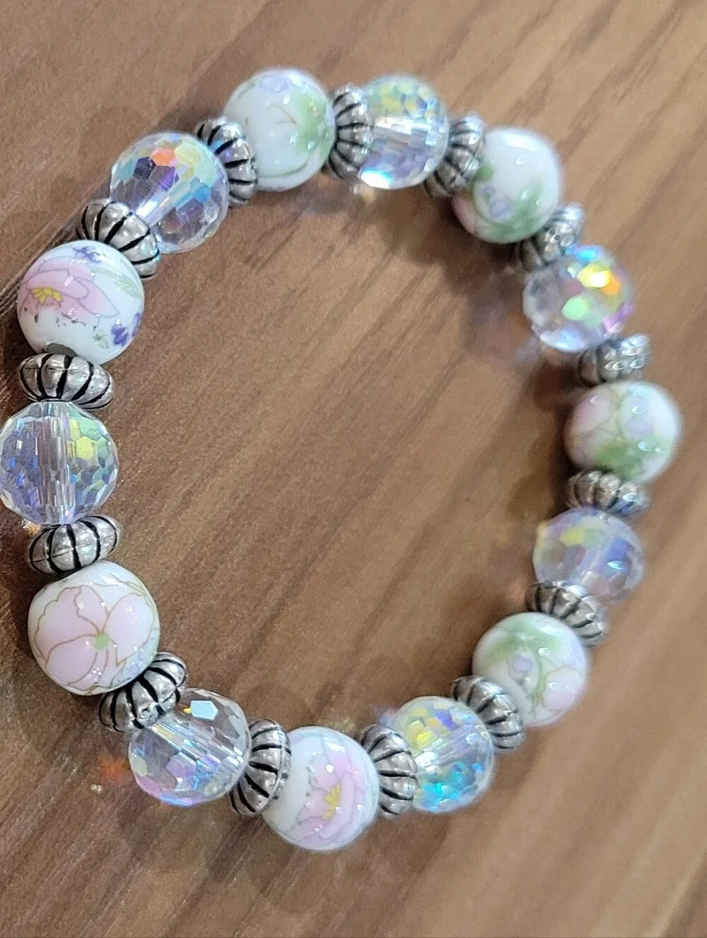 Hand Made-Floral Bead Stretch Bracelet - Pink and Iridescent